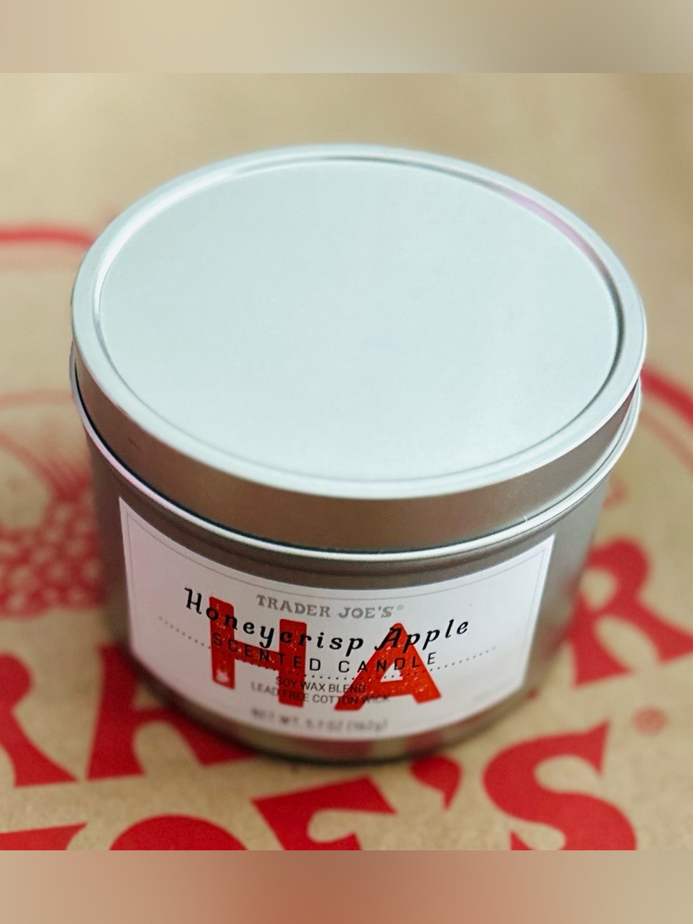 Trader Joe's Honeycrisp Apple Scented Candle - Silver Tin, Red Label